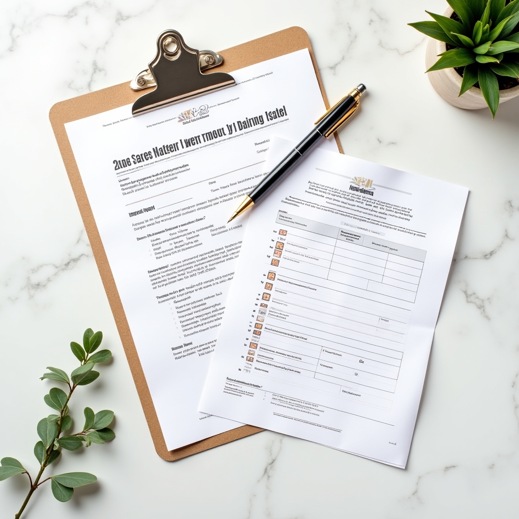 Official food handler permit documents spread on a table with a pen and clipboard