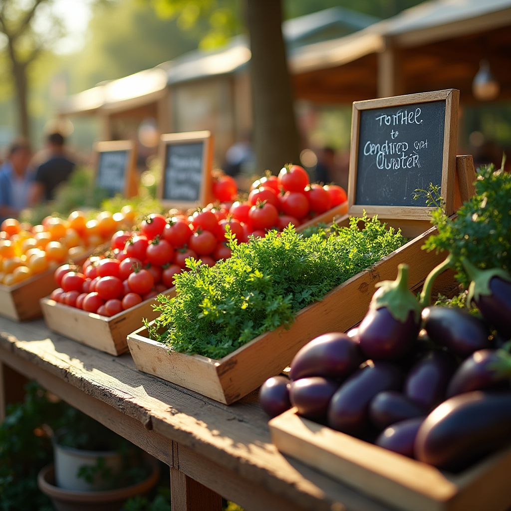 A farmers market booth with tiered wooden crates creating height variation in a produce display