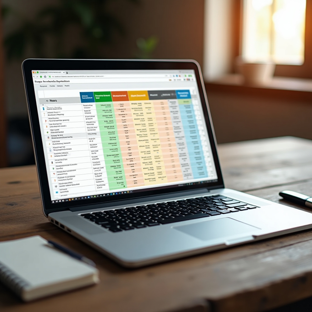 A laptop showing a simple market tracking spreadsheet with colored columns for revenue, costs, and hours at a rustic wooden table