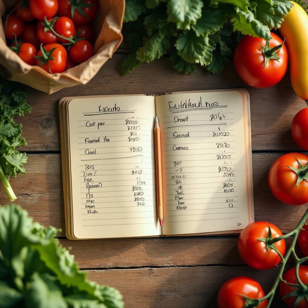 A notebook with handwritten cost calculations next to fresh vegetables at a market stall
