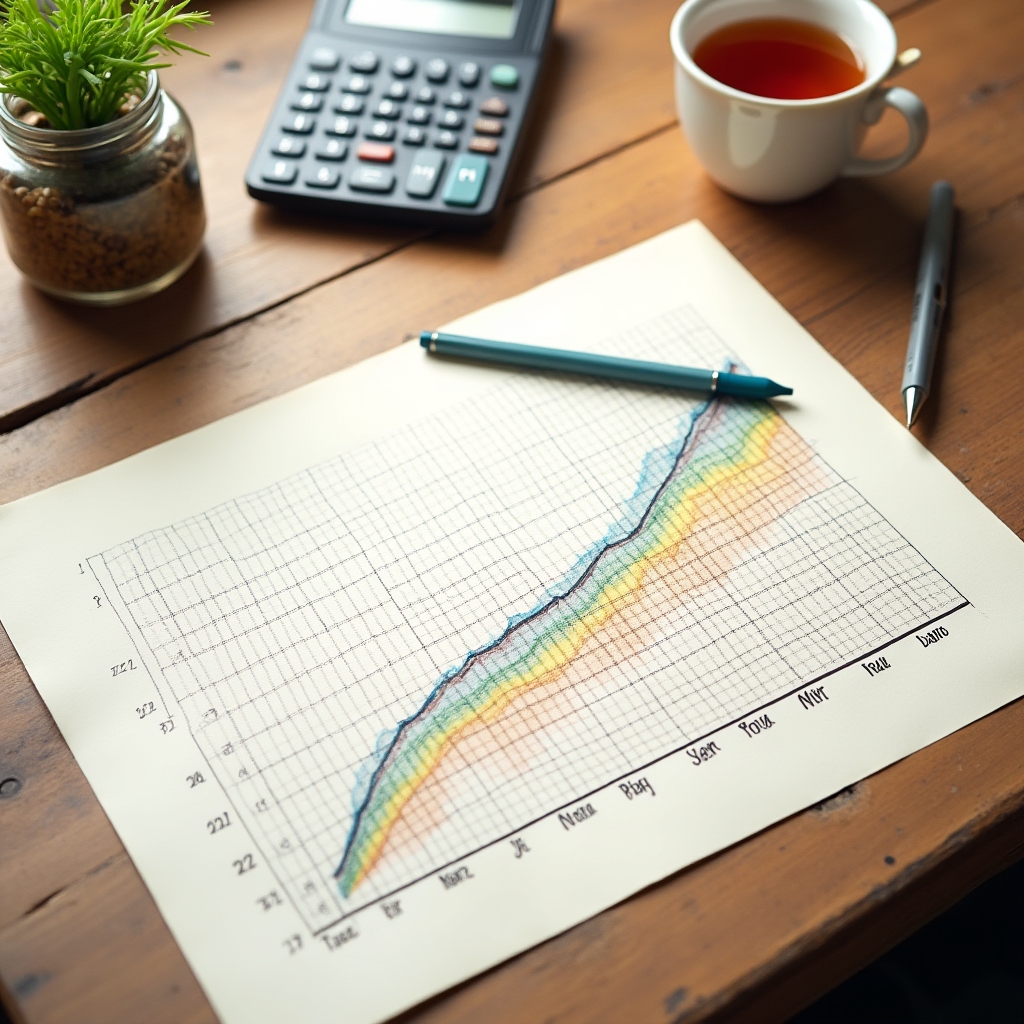 A hand-drawn income tracking chart on graph paper with seasonal peaks and valleys marked, on a wooden farm desk
