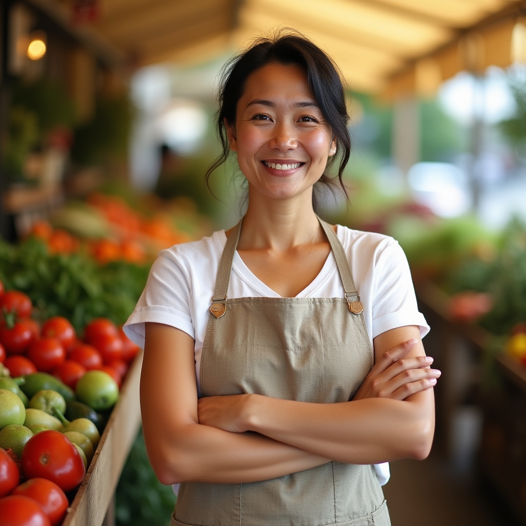 A woman in her 40s standing confidently behind her farmers market booth surrounded by colorful vegetables